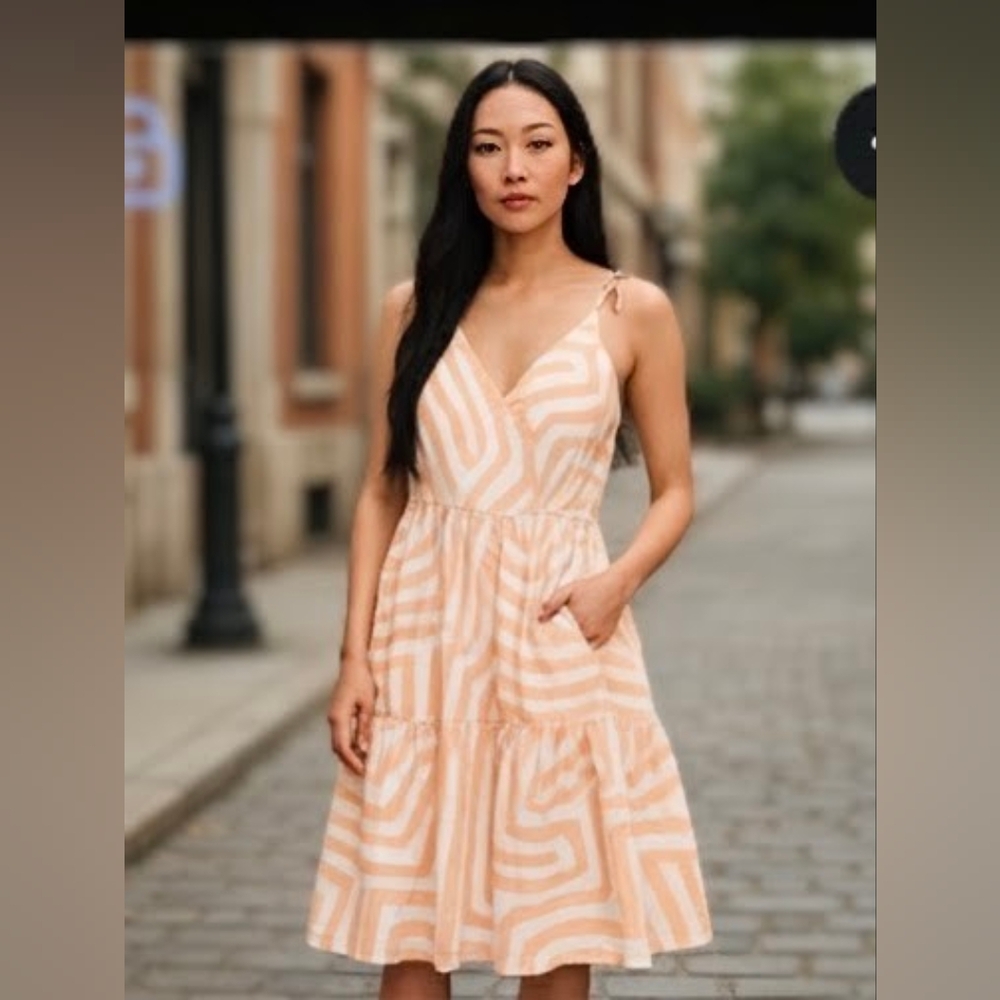 Maeve Peach and Cream Geometric Midi Dress
